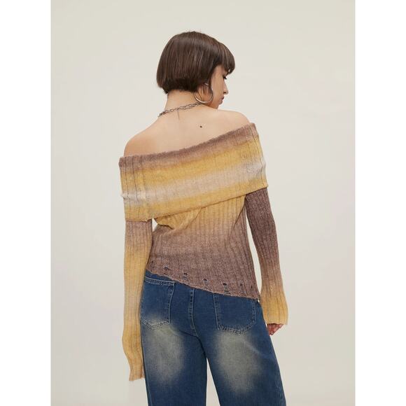 Commense Beige Yellow Wool Ombre Off The Shoulder Knit Long Sleeve Sweater Top S - Picture 2 of 7